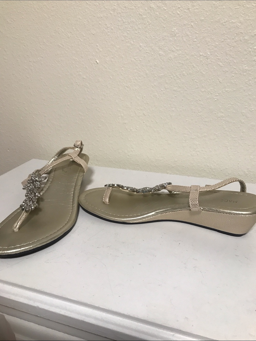 Embellished Jeweled T-Strap Sandals in Champagne